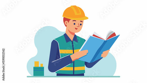 A trainee grasping a construction manual carefully studying the steps required to build a sy foundation.. Vector illustration