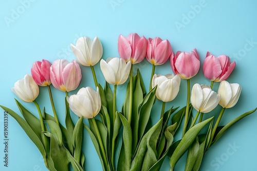 Colorful Tulips Arranged Beautifully Against a Light Blue Background Creating...