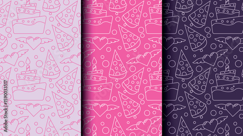Set of seamless celebration patterns in outline style with pink monochrome palette. Ideal for wrapping, invites, and party-themed design assets