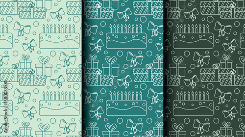 Set of seamless celebration patterns in outline style with green monochrome palette. Ideal for wrapping, invites, and party-themed design assets