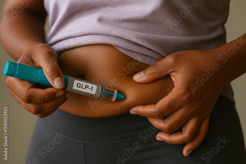 Close up showing woman self administering glp 1 receptor agonist injection into abdomen, addressing weight management and diabetes treatment