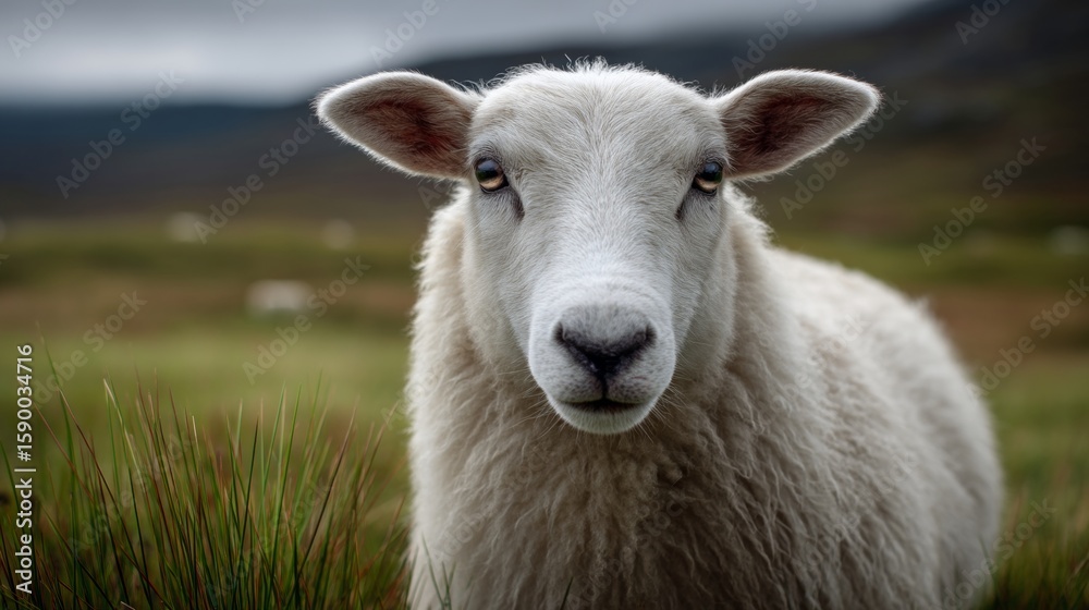 Fototapeta premium Woolly sheep standing amid verdant pasture, staring intently, with flock grazing softly beneath overcast sky