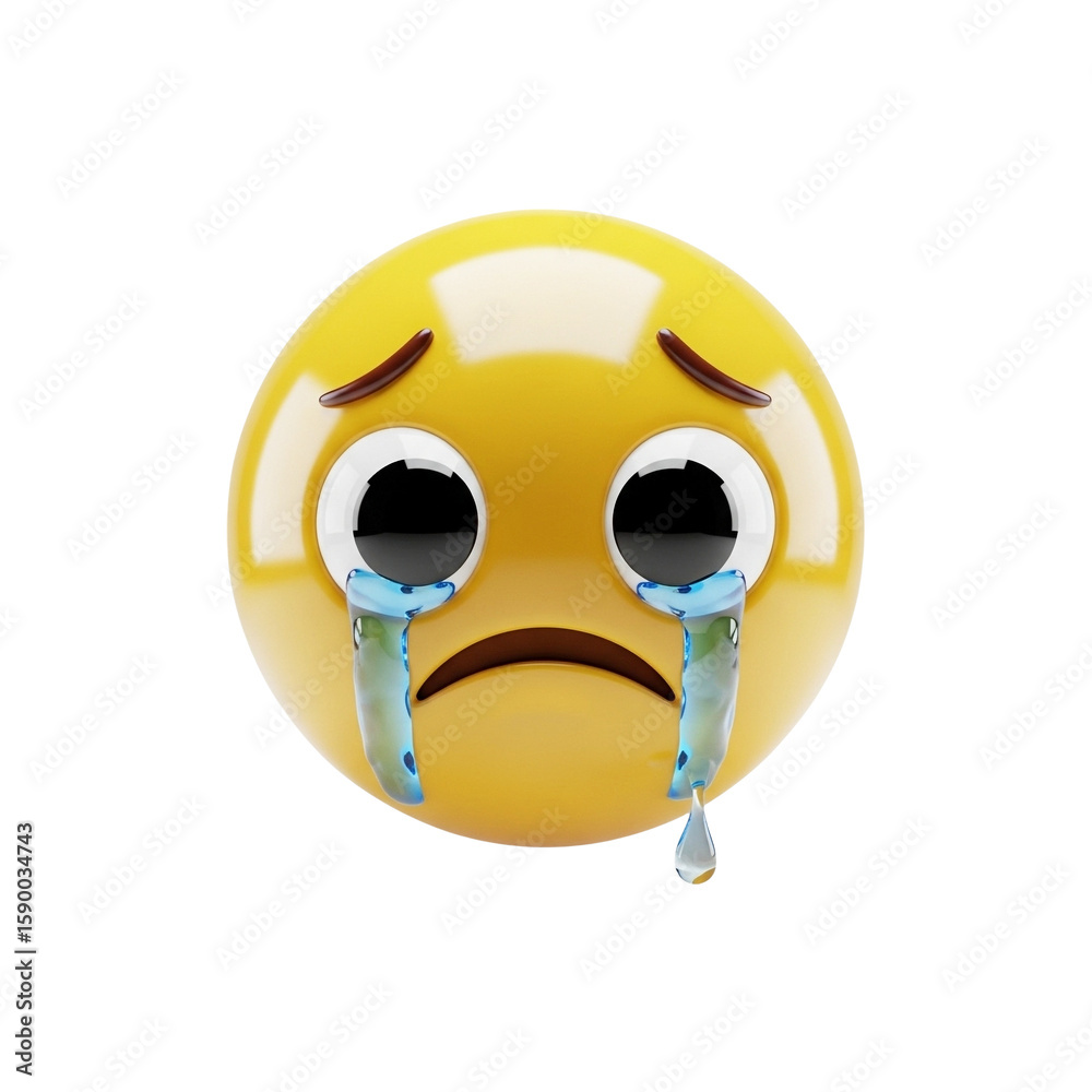 Obraz premium 3D Crying Emoji PNG – Glossy Rounded Face with Tear Drop and Emotional Expression