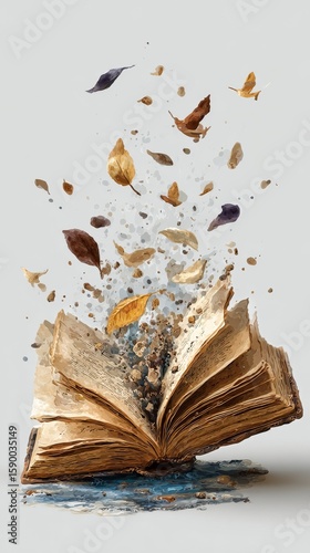 Artistic Representation of an Open Book Releasing Pages and Blue Splashes in ...