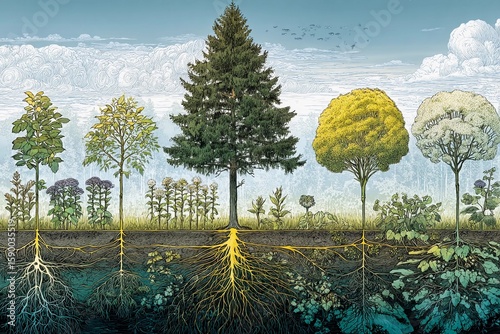 Depiction of diverse tree growth stages and root systems in a vibrant natural landscape