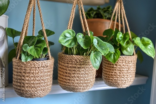 Hanging Plant Pots With Vibrant Green Leaves Displayed on a Shelf in a Cozy I...