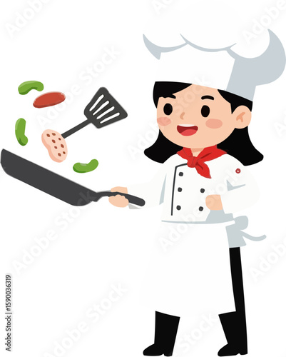 Cartoon chef cooking food in a pan, happy character, kitchen concept illustration