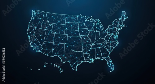 Abstract digital network connecting united states states with luminous blue lines and nodes on dark background