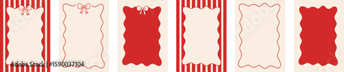 Set of vertical red and cream girly card templates with ribbon bows and wavy borders. Ideal for romantic messages, notes, or invitation designs