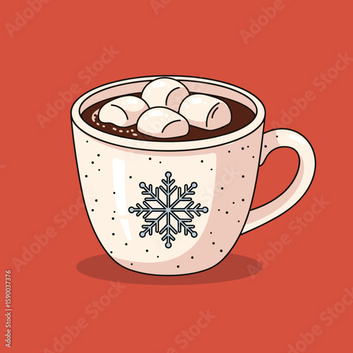 Hot chocolate with marshmallows in a white mug on red background  