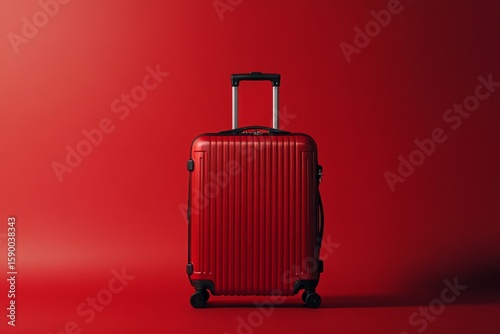 Bright Red Suitcase Standing Alone on a Solid Red Background With a Sleek and...