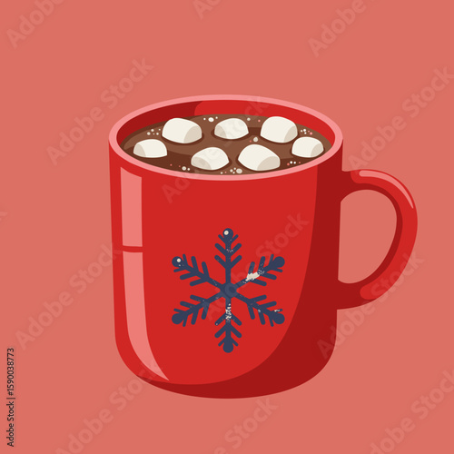 Red mug filled with hot chocolate and marshmallows on pink background  