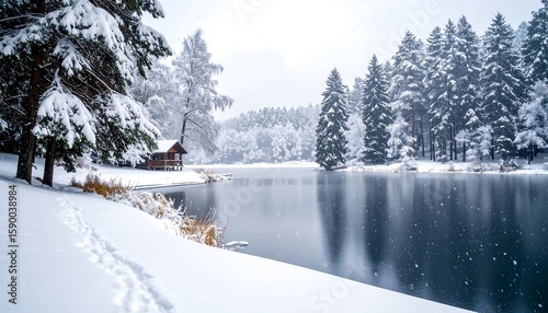 Wallpaper Mural Snowy winter landscape with a cabin by a lake Torontodigital.ca