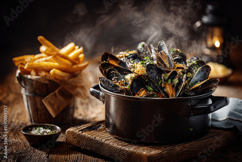 Rustic northern French moules-frites with steaming mussels and crispy fries
