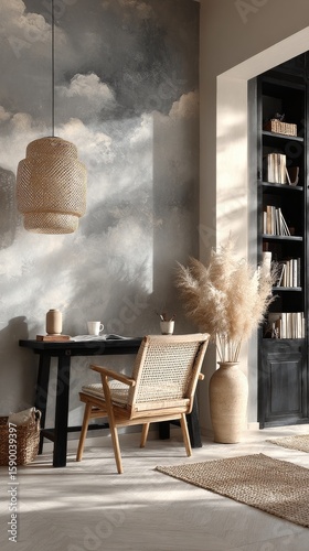 Cozy Home Workspace Decorated With Warm Colors and Natural Elements During Da...