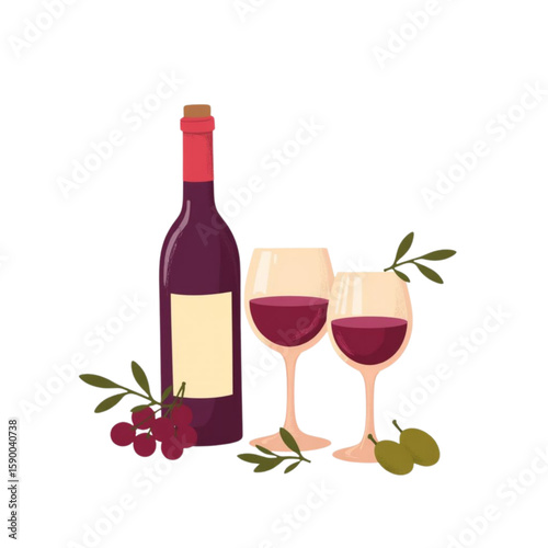 Wine bottle and glasses with olives and grapes on transparent background  