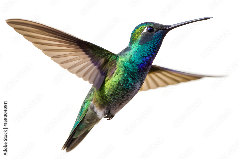 Fototapeta premium A vibrant hummingbird in mid flight showcasing its iridescent green and blue plumage against white background on transparent background