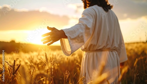 Religious figure in wheat field at sunset