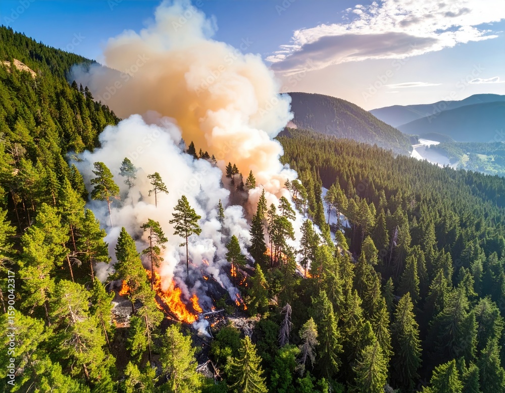 Fototapeta premium Aerial view of a raging wildfire in a pine forest at sunset