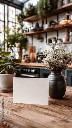 Cozy Kitchen Workspace With Plants and a Blank Card on a Wooden Table in the ...