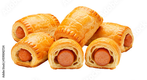 A delectable display of golden brown sausage rolls stacked on a plain black background image view