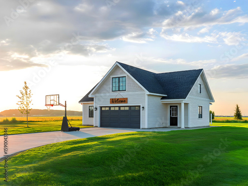 A piece of a new farmer's home with a concrete driveway in front and a garage, and a cloudy blue sky.