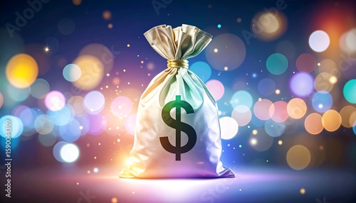 Wallpaper Mural Shiny gold money bag on a dark background with colorful bokeh lights Torontodigital.ca