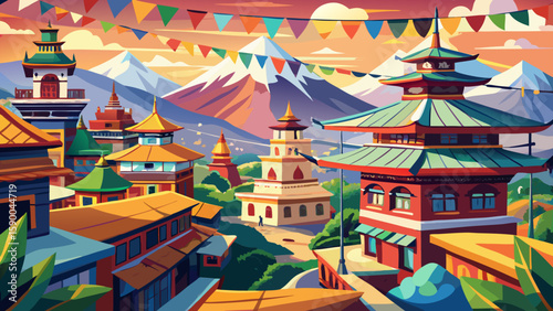 Kathmandu, Nepal – Himalayan foothills surround temples and busy alleys. Colorful prayer flags and historic architecture enrich this spiritual vector filled with texture and motion.