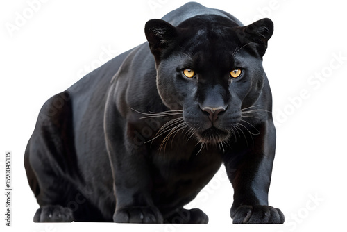 A striking black panther crouched low with intense yellow eyes on a plain white background looking ahead on transparent background