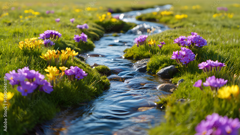 Obraz premium Serene Spring Stream: Vibrant Purple and Yellow Wildflowers, Sunny Meadow Landscape