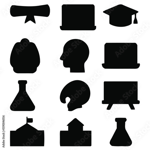 Education icons diploma graduation cap laptop flask head building
