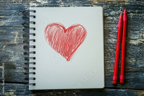 Colorful Heart Sketch on a Blank Notebook With Red Colored Pencils Nearby