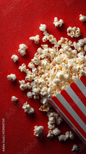 Delicious Popcorn Spilling From Striped Box on Vibrant Red Backdrop During Mo...