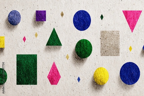 Colorful geometric shapes arranged on textured background in an abstract design
