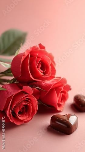 Red Roses and Heart-Shaped Chocolates Create a Romantic Setting for a Special...