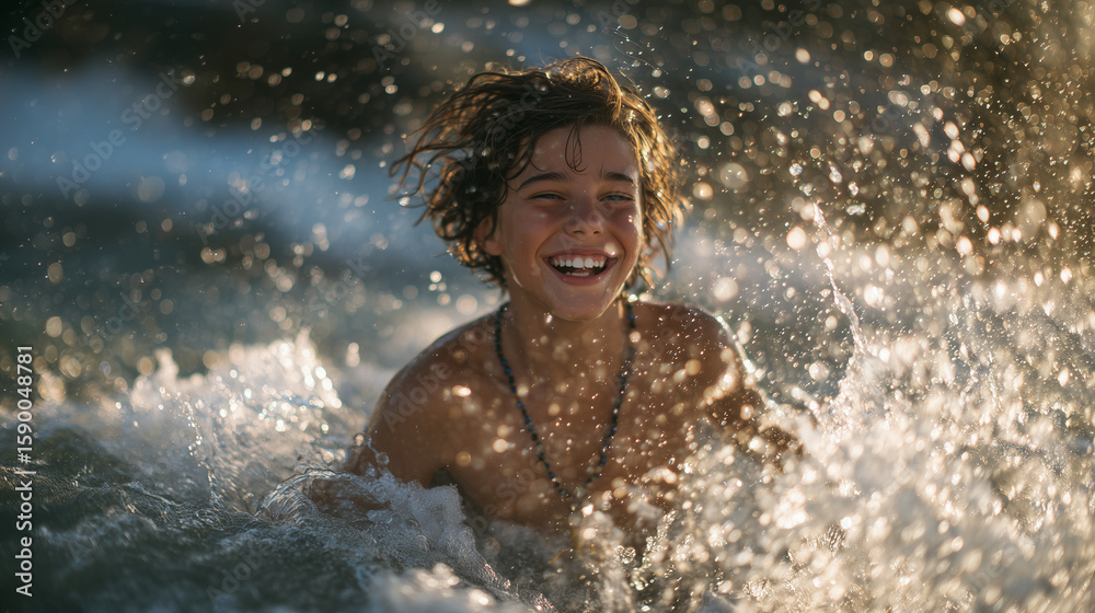 Fototapeta premium Laughing boy lifts head from sea wearing snorkel set, sun behind him bathes waves in golden tones, water sparkles with energy and freedom of summer adventure