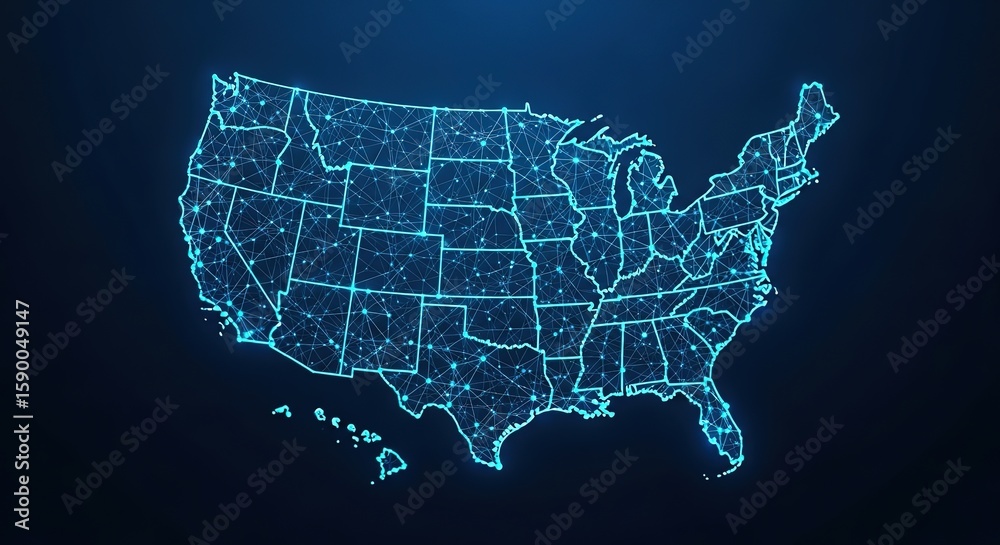 Obraz premium Digital network map of the united states with glowing blue connections and nodes on a dark background