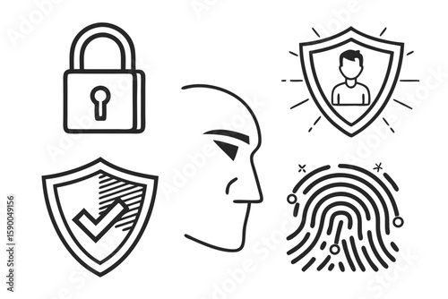Collection of security and privacy icons including a lock fingerprint face and shields