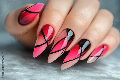 Creative Nail Art Featuring Geometric Designs With Pink and Black Colors.