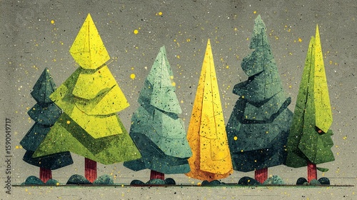 Colorful geometric trees stand tall in a vibrant forest on a textured background