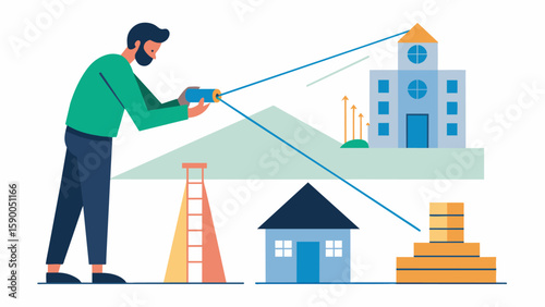 A project manager using laser measuring tools to determine the exact dimensions and angles for a complex architectural feature.. Vector illustration