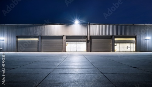 exterior of industrial building at night construction for factory or warehouse include shutter door at front nobody empty space on concrete floor suit for product display or industrial background