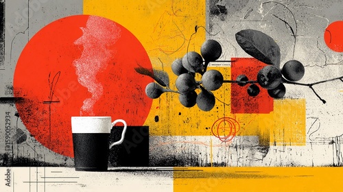 Coffee cup surrounded by abstract shapes and fruit branches on a textured background