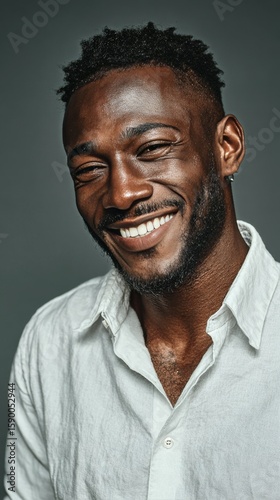 Smiling Man With Stylish Hair and Light Shirt Posing Against a Dark Backgroun...