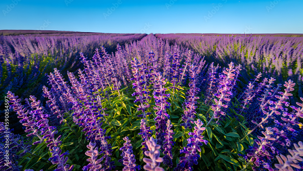 Fototapeta premium Vibrant Purple Salvia Field at Sunset: Serene Landscape Photography, Tranquil Mood, Lush Foliage, Blooming Flowers, Summer Meadow.