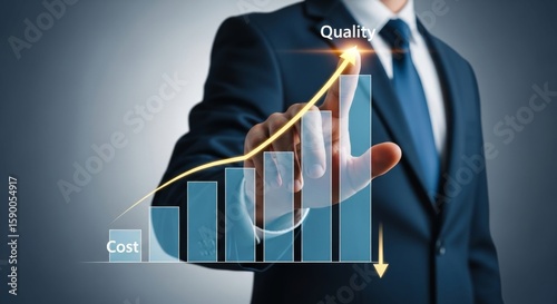 A businessman points to a rising graph indicating increased quality and decreased cost, symbolizing business growth and success
