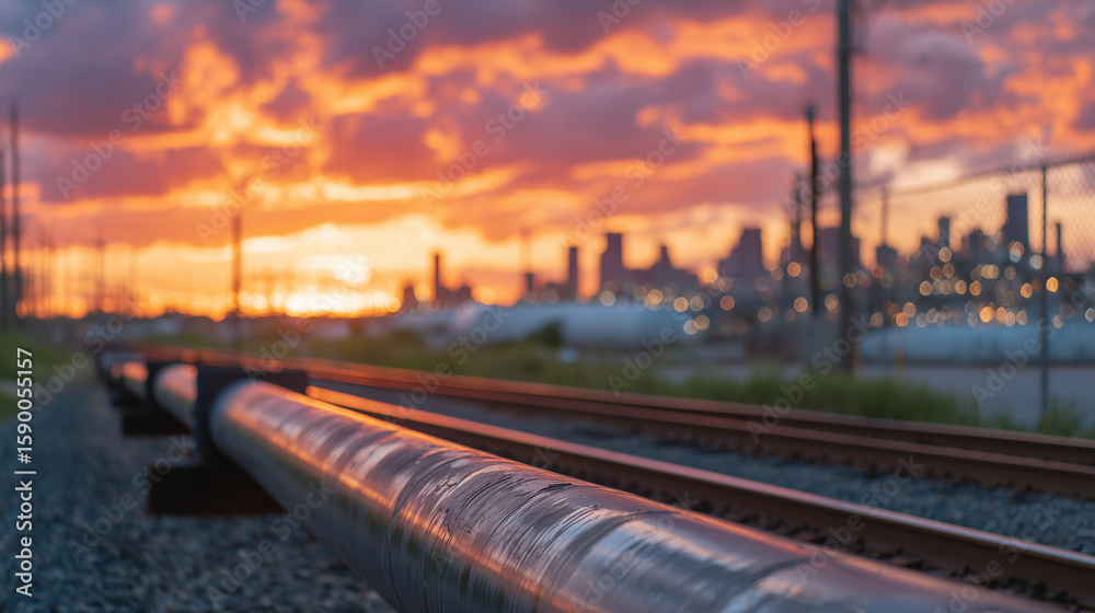 Obraz premium Heavy-duty pipeline reflects fiery sunset rays, running parallel to rail tracks near industrial district. Silhouetted skyscrapers punctuate the background, merging industrial grit