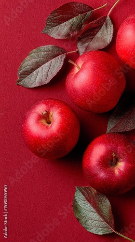 Fresh Red Apples Arranged With Green Leaves on a Vibrant Red Background for a...