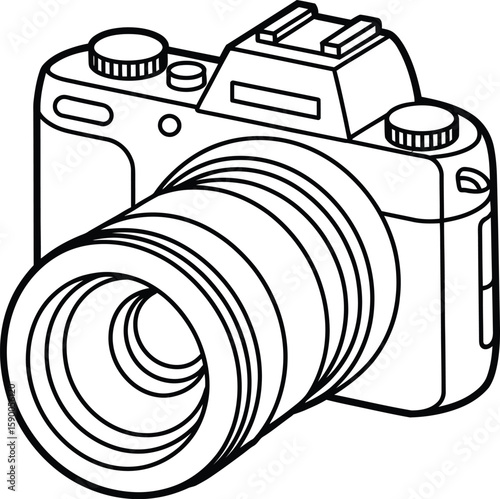 Clean, outline illustration of a digital SLR camera.