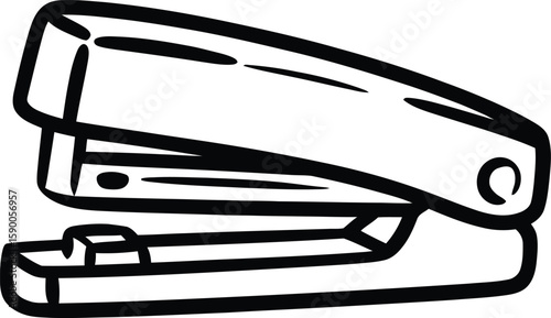 A stylized, black and white line drawing of a stapler.